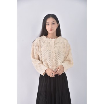 (M) 質感花邊領口杏色長袖上衣二手衣