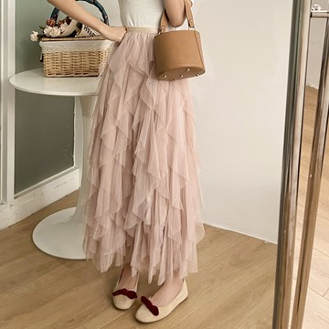 情系列 半身裙a字夏2021年新款高腰網紗設計感不規則中長裙女潮