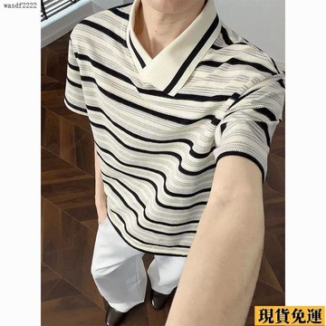 ✨臺灣發✨ 不規則翻領  短袖  男士polo2026 夏季 新款潮牌痞帥寬鬆高級感條紋t恤