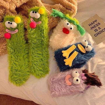 秋冬卡通立體搞怪百搭襪子冬珊瑚絨睡眠襪子丑萌可愛小怪獸襪子女