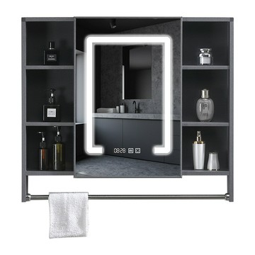 太空鋁智能鏡柜帶燈光除霧衛生間掛墻式鏡箱帶置物架收納廁所鏡子[DD150110]