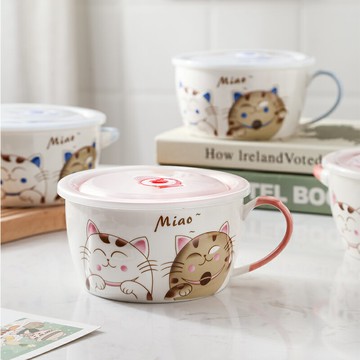 日式雙耳泡面碗帶蓋陶瓷可愛大容量超大學生宿舍可微波爐加熱湯碗