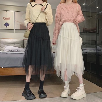 不規則網紗女半身裙秋冬2021新款中長款百褶仙女裙高腰顯瘦黑紗裙