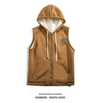 日系羊羔絨棉服馬甲男秋冬季加絨加厚連帽上衣寬松原宿風無袖外套