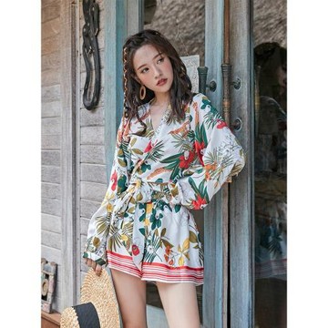 奈良海邊度假套裝碎花闊腿褲沙灘小個子穿搭一整套女夏裝搭配法式