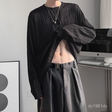 【二十三歲男裝】秋季長袖T恤男學生韓版寬鬆褶皺紋理上衣氣質圓領套頭休閒男裝潮 YITB
