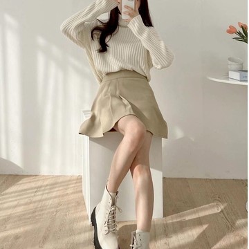 【nine韓系服飾】韓國現貨高腰半百褶修身顯瘦裙子/百褶裙/雙色/學院上班都行/百搭/高腰 百褶裙 米 黑