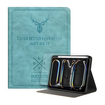 vXTRA 飛創 防潑水鹿頭壓紋 平板皮套 2代筆槽版 + 玻璃貼套組  iPad Air 13  蒂芬藍綠  1組