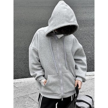 男童外套2026年秋冬新款中大童百搭加絨純色上衣男寶休閑連帽開衫