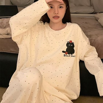 睡衣 長袖長褲 兩件套 休閒新款圓領學生可愛卡通睡衣 可外穿 休閒風  薄款大碼睡衣 學生睡衣 睡衣套裝