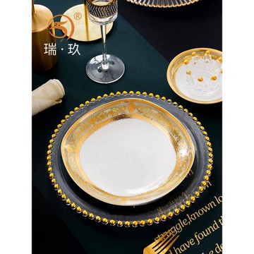 立體浮雕金家用骨瓷餐盤8英寸菜盤深盤方形湯盤淺盤歐式菜碟碟子