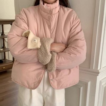 MOCO韓版chic減齡立領排釦兩面穿百搭羊羔毛加厚保暖鋪棉外套