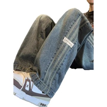 條紋美式復古牛仔褲男春秋新款高街松緊腰寬松休閑男士直筒長褲子