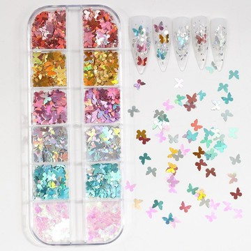 🎀日韓爆款🎀 蝴蝶亮片12格盒裝美甲飾品網紅爆款鐳射銀小蝴蝶點綴小飾品裝飾品