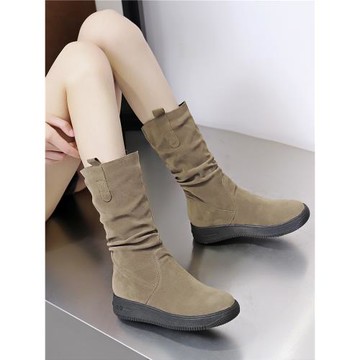 秋冬新款磨砂真皮高筒騎士靴復古中筒靴厚底西部靴大碼長筒堆堆靴