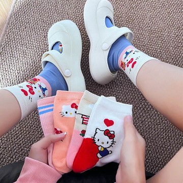 Kitty中筒襪🎀 卡通kitty貓襪子女中筒春夏季凱蒂貓棉襪子日系動畫風薄款學生襪