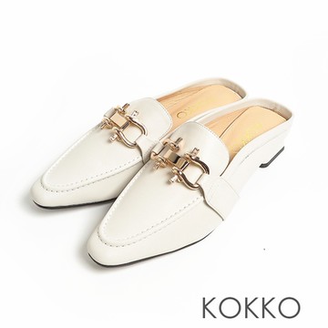KOKKO正韓方頭金屬全真皮粗跟穆勒拖鞋米色