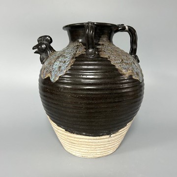 唐黑釉藍斑雙繫雞首執壺
