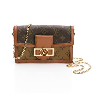 LOUIS VUITTON 路易威登 Dauphine復古金色鍊帶LV Circle開合扣斜背包手拿包(咖)