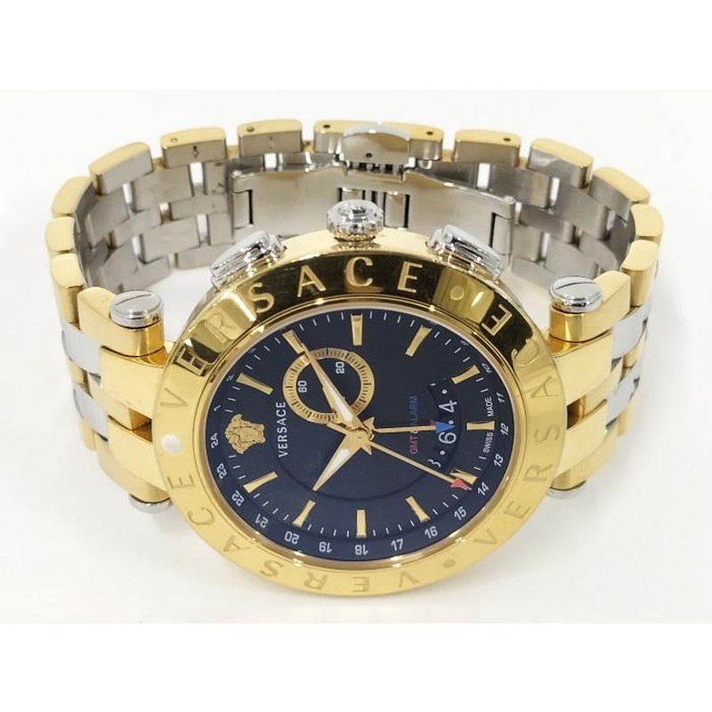 中古】VERSACE GMT アラーム メンズ 腕時計 クオーツ SS GP ブラック文字盤 29G79D009S079 | LINEショッピング