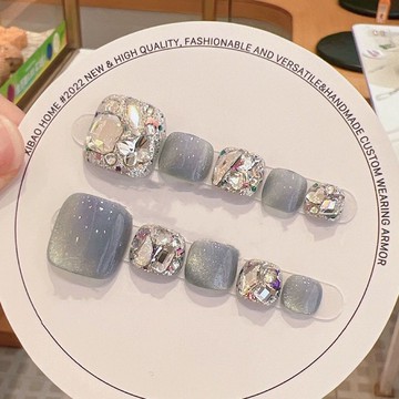 愛依依 腳趾甲 美甲 穿戴甲 甲片 新款海冰藍貓眼爆閃鑽穿戴顯白美甲腳甲成品甲片可拆卸12片裝-13169.