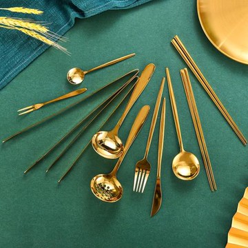 韓式碗勺實心扁筷不銹鋼防滑金色湯勺烤肉店加厚高檔商用防燙筷子