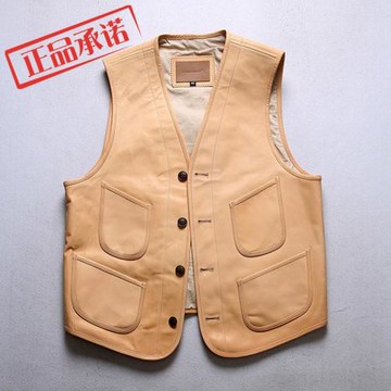 機車真皮馬甲男 原色頭層馬皮無領單排扣修身短款男背心坎肩外套