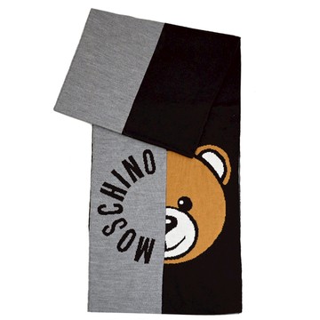 MOSCHINO 30780 M2954 大熊品牌LOGO混羊毛針織長圍巾.灰/黑