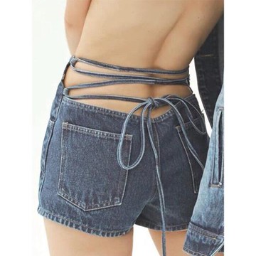 歐美風性感露腰綁帶水洗牛仔短褲設計感小眾高腰修身包臀熱褲夏季