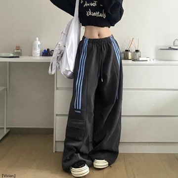 美式復古拼接三條槓高腰運動休閒褲女秋冬寬鬆闊腿百搭直筒工裝褲