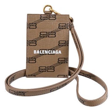 BALENCIAGA 經典印花皮革品牌LOGO頸掛式卡夾/證件夾(咖)