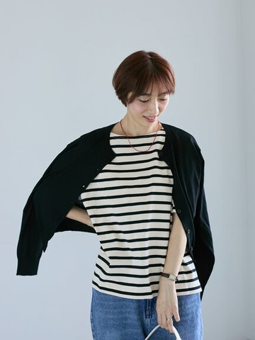 素面/橫條紋排釦圓領罩衫(0F001123610) - Lugnoncure