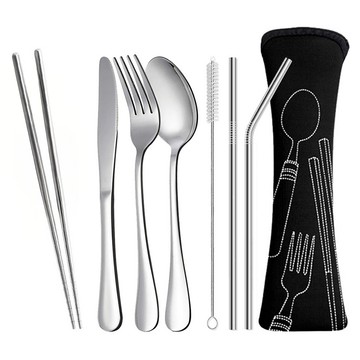 AHOYE 外出用不鏽鋼餐具套裝8件組  筷子 叉子 湯匙 吸管 刀子 小刷子 收納袋  方便攜帶  筷子 + 叉子 + 湯匙 + 直吸管 + 彎吸管 + 刀子 + 小刷子 + 收納袋  1組  單一顏色