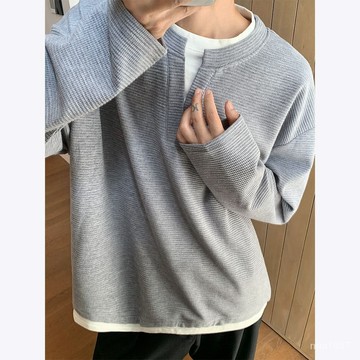 灰色華夫格假兩件v領薄衛衣男春秋款cleanfit美式複古重磅長袖T恤