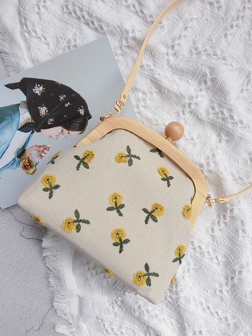 手工製作 黃色系刺繡小花 雛菊女生口金斜挎單肩包女生禮物