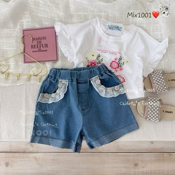 🌈✨mix1001質感花朵車縫緹花牛仔短褲✨兒童反折口袋小花短褲 5-17