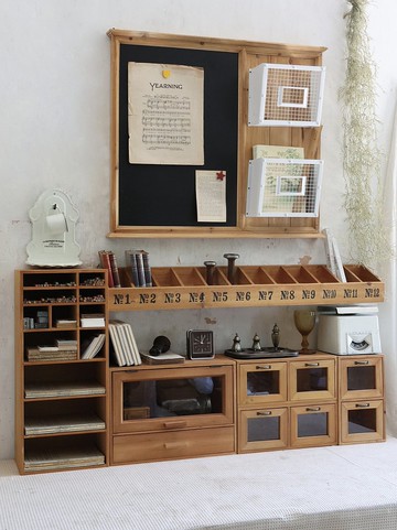 復古麵包拉手 防塵玻璃 原木儲物櫃 組合式桌面收納