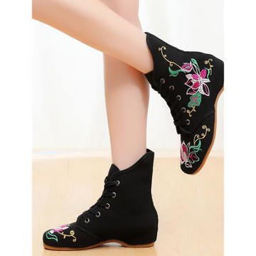 秋老北京布鞋內增高布靴民族風女靴坡跟繡花靴休閑加絨棉靴單靴子