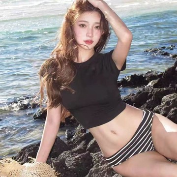 『ATC』 黑短袖紋分體比基尼三件套辣妹性感顯瘦遮肉海邊溫泉度假泳衣女