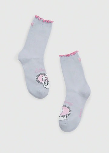 艾絲樂小兔系列．捲邊刺繡中筒襪(粉藍紫-白兔愛心)