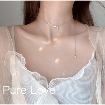 Pure Love樂芙 / 正韓 銀飾【S925純銀】N0785簡約通體純銀項鍊蝴蝶鋯石流蘇吊墜鎖骨鏈 短項鏈 / 銀