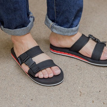 Paidal 男款織帶鞋面微厚底跳色紅忍者拖鞋-黑