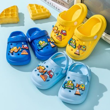 夏季男兒童洞洞鞋室內卡通挖掘機小土叉車女寶寶防滑沙灘包頭涼拖
