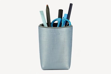 皮革帆布筆筒 桌面收納 銀藍色