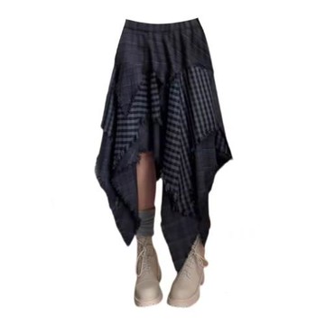 亞文化格紋不規則拼接中長款半身裙女設計感毛邊流浪風復古A字裙