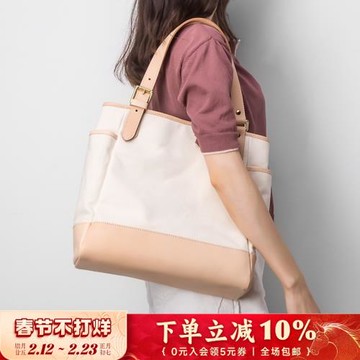 玩兒！復辟好物！手工制作帆布拼接真皮復古單肩托特包女式手提包