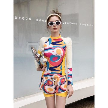 長袖泳衣女分體保守平角褲遮肚顯瘦防曬2023新款運動大碼溫泉泳裝