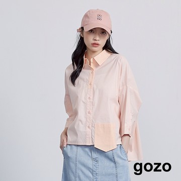 【gozo】➤拼色口袋七分袖造型襯衫(淺桔/淺黃_F) | 女裝 襯衫 百搭 秋天上衣 上班穿搭 長袖襯衫 長袖上衣