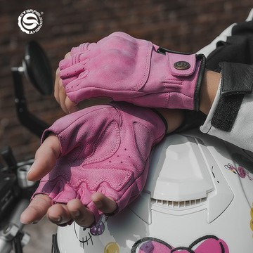 重磅騎士機車夏季手套女真皮透氣防摔男女裝備摩托車復古手套半指