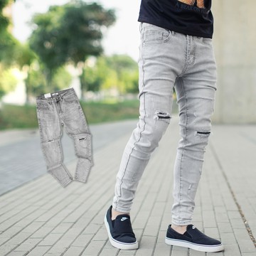 【NB1714J】淺灰刷色破洞補釘無破合身版牛仔褲(MW6083)